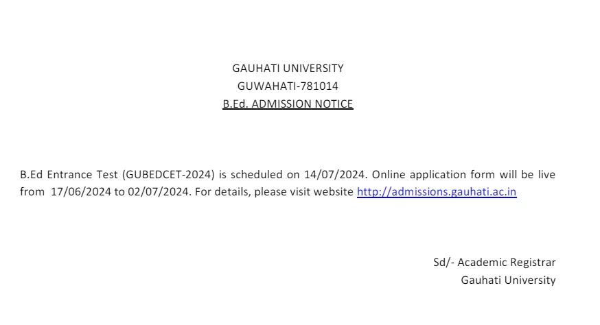 Gauhati University B.Ed Admission